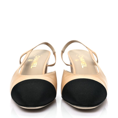Chanel Goatskin Grosgrain Cap Toe CC Slingback Pumps 40 Beige Black 2 of 9