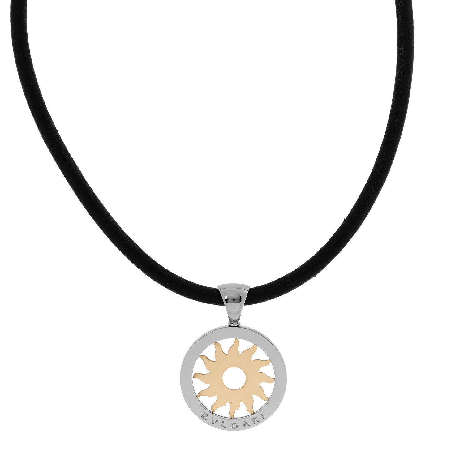 Bulgari 18K Yellow Gold Stainless Steel Calfskin Tondo Sun Pendant Necklace Black 1 of 5