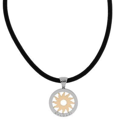 Bulgari 18K Yellow Gold Stainless Steel Calfskin Tondo Sun Pendant Necklace Black 1 of 5