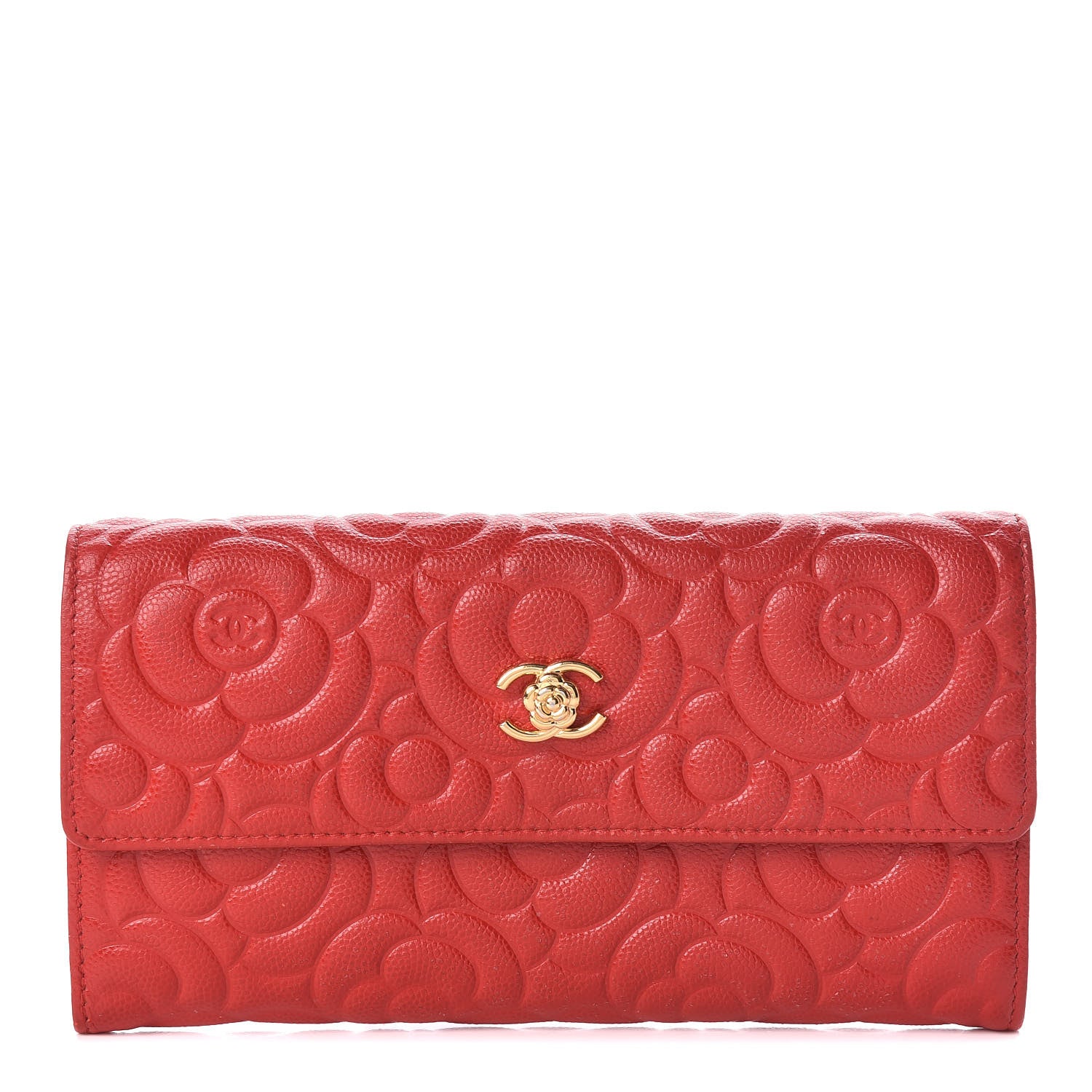 Chanel Caviar Camellia Embossed Flap Wallet Red 1 of 10