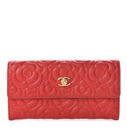 Chanel Caviar Camellia Embossed Flap Wallet Red 1 of 10