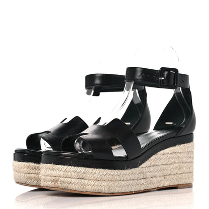 Hermes Goatskin Elda Espadrille Wedge Sandals 37 Black 3 of 9