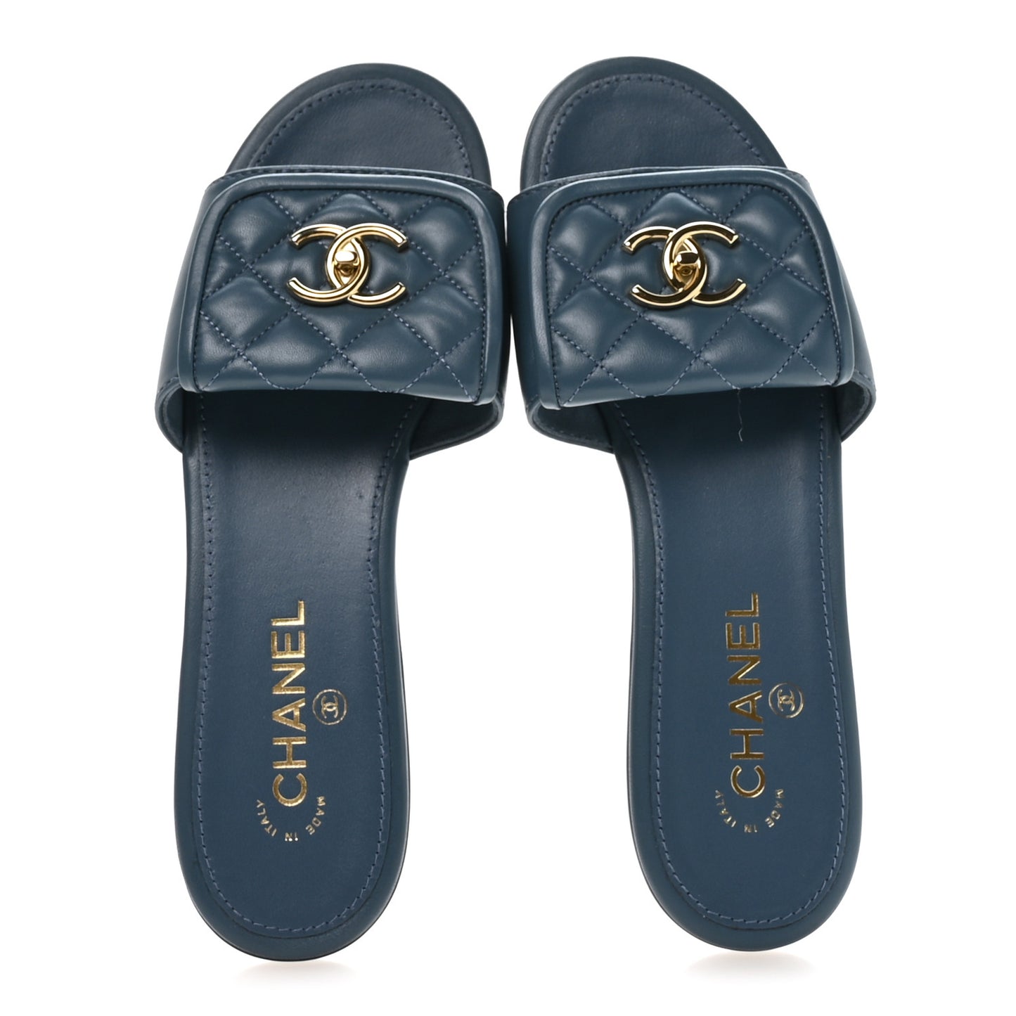 Lambskin Quilted Turnlock Flat Mules 39.5 Dark Blue