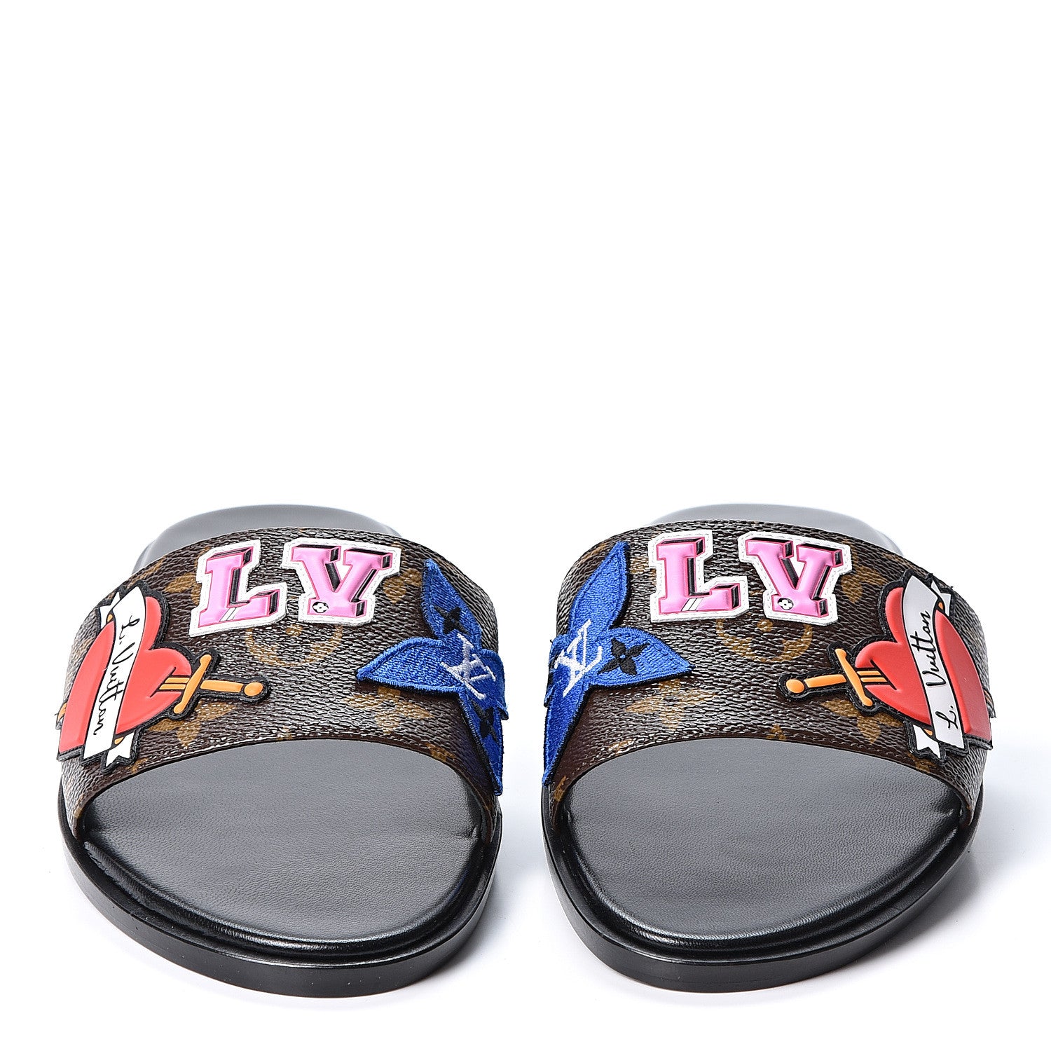 Louis Vuitton Patent Calfskin Monogram LV Black Heart Flat Mules 38 Cacao 2 of 10