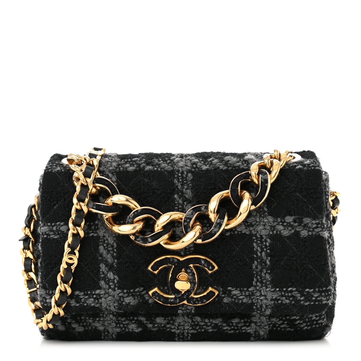 Chanel Wool Tweed Quilted Elegant Chain Flap Black Grey 1 of 10