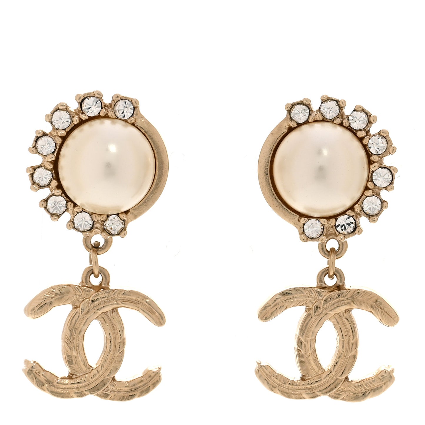 Metal Crystal Pearl CC Feather Earrings Gold