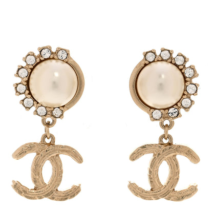Chanel Metal Crystal Pearl CC Feather Earrings Gold 1 of 5