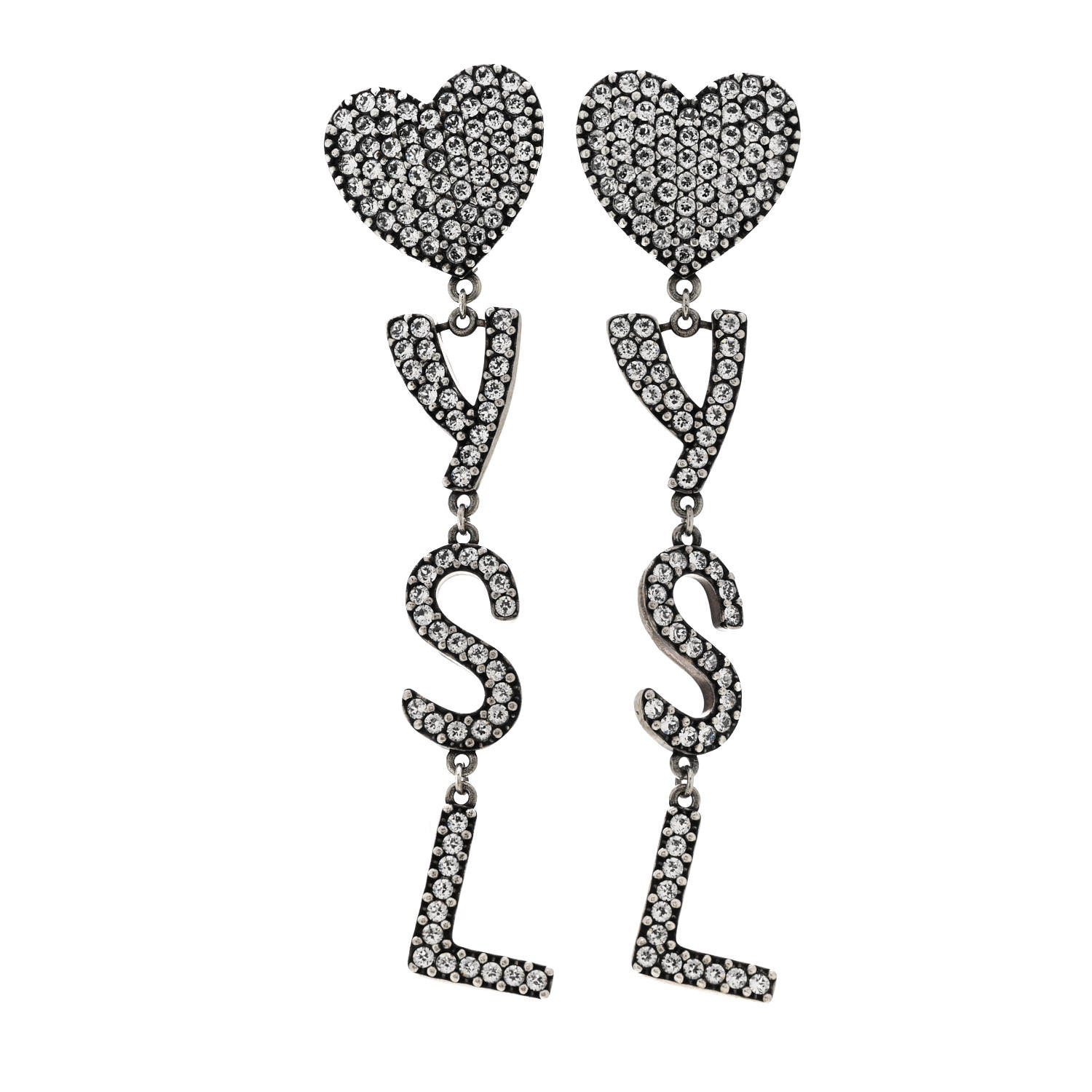 Saint Laurent Brass Crystal Monogram Heart Drop Clip Earrings Silver 1 of 4