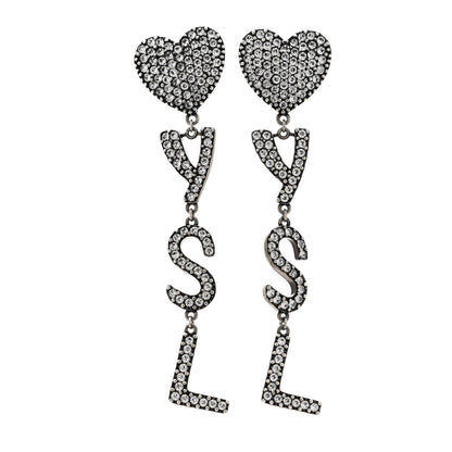 Saint Laurent Brass Crystal Monogram Heart Drop Clip Earrings Silver 1 of 4