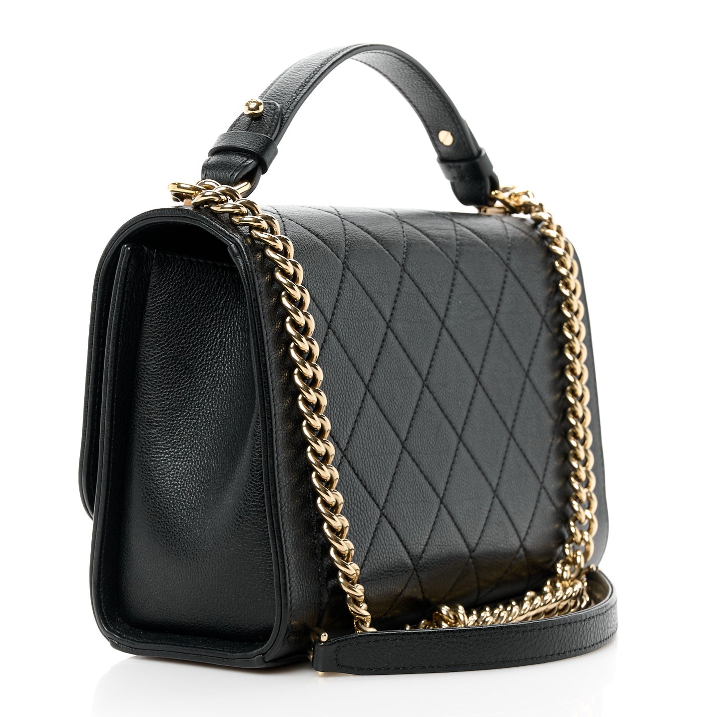 Grained Calfskin Quilted Medium Label Click Flap Bag Black
