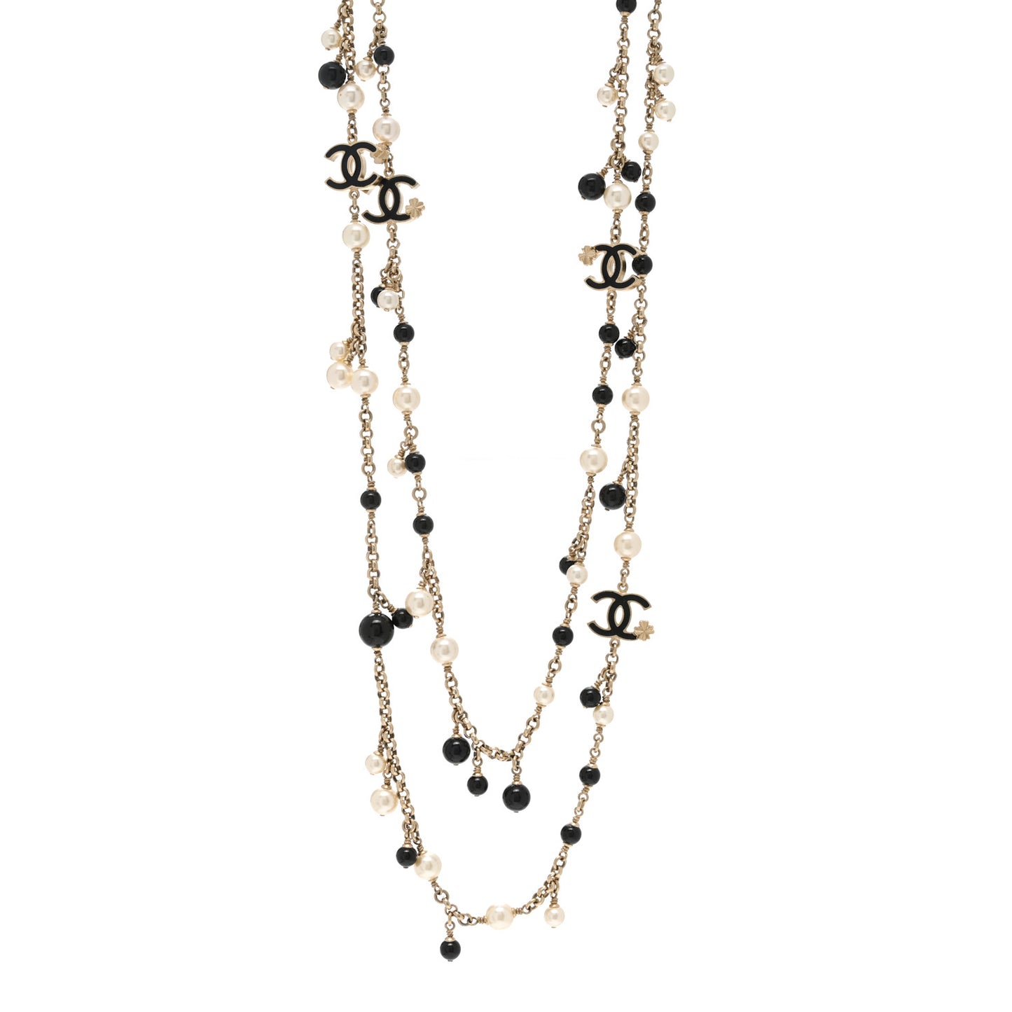 Pearl Bead Enamel CC Long Necklace Black Gold