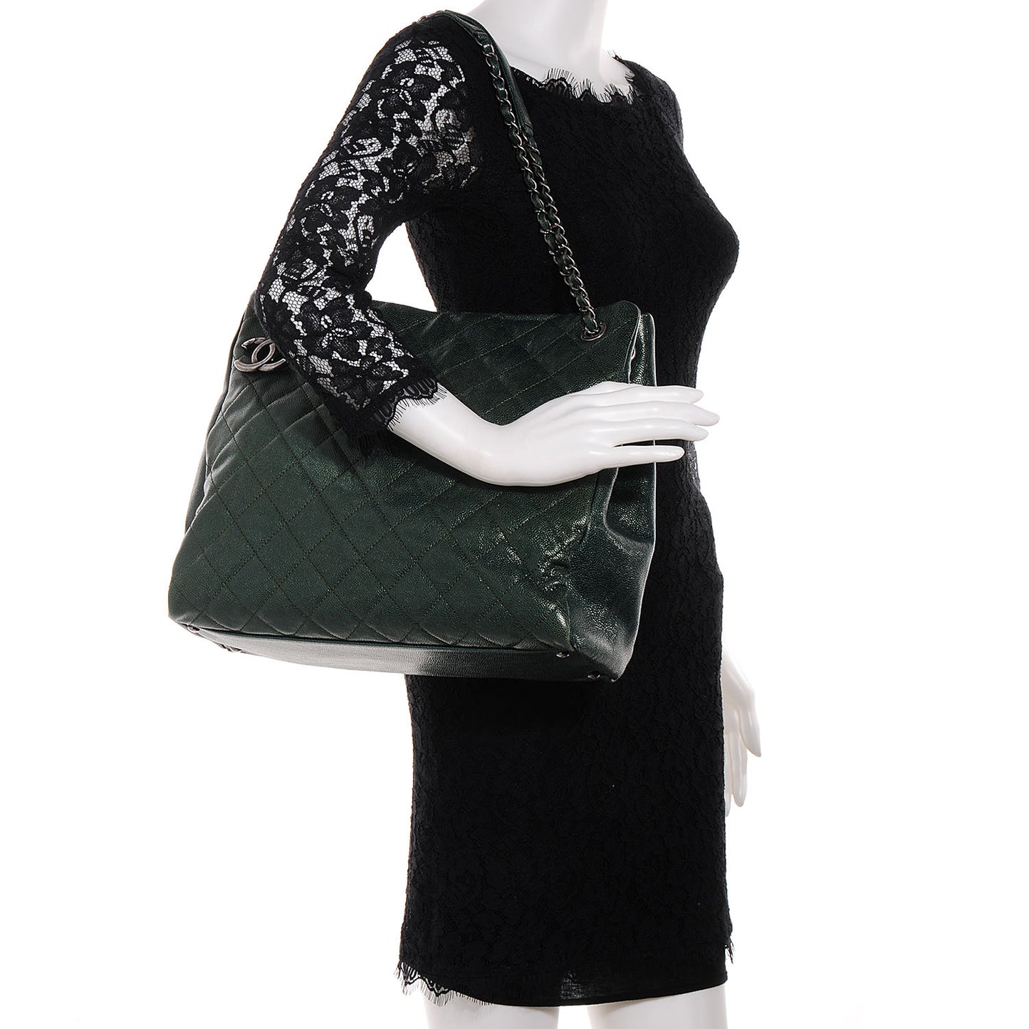 Iridescent Caviar Quilted Tall Chic Shopping Tote Dark Green