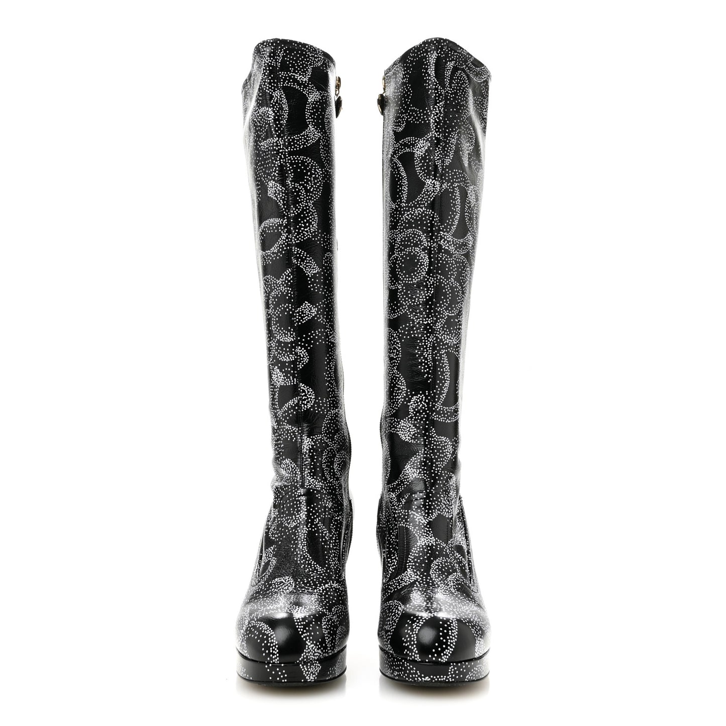 Calfskin Camellia Printed High Boots 37.5 Black White
