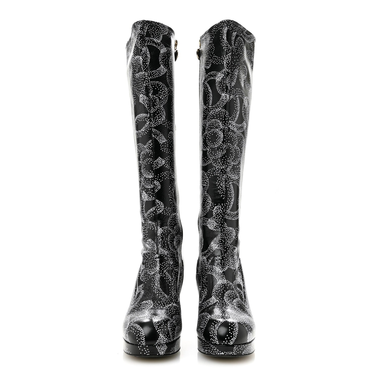 Chanel Calfskin Camellia Printed High Boots 37.5 Black White 2 of 8