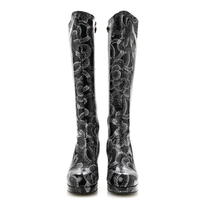 Chanel Calfskin Camellia Printed High Boots 37.5 Black White 2 of 8