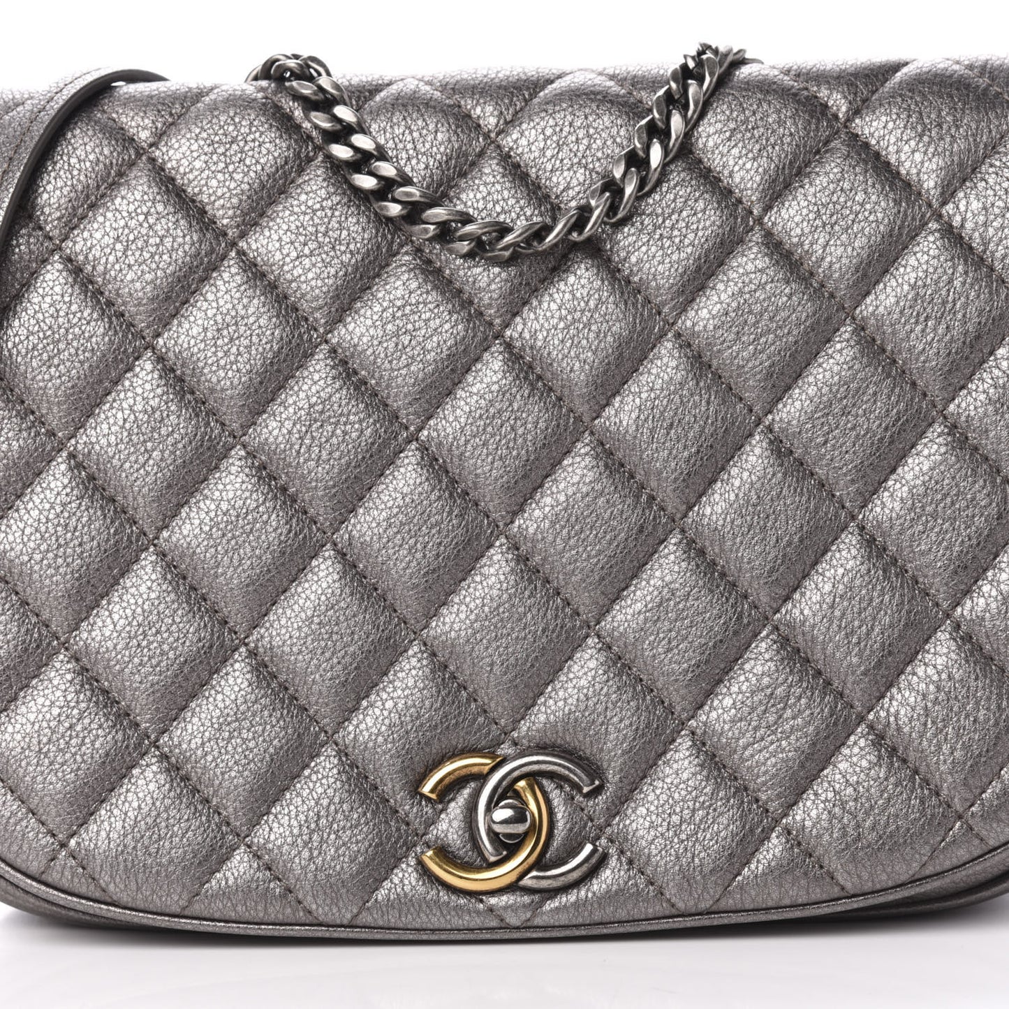 Metallic Calfskin Quilted Casual Pocket Messenger Flap Silver