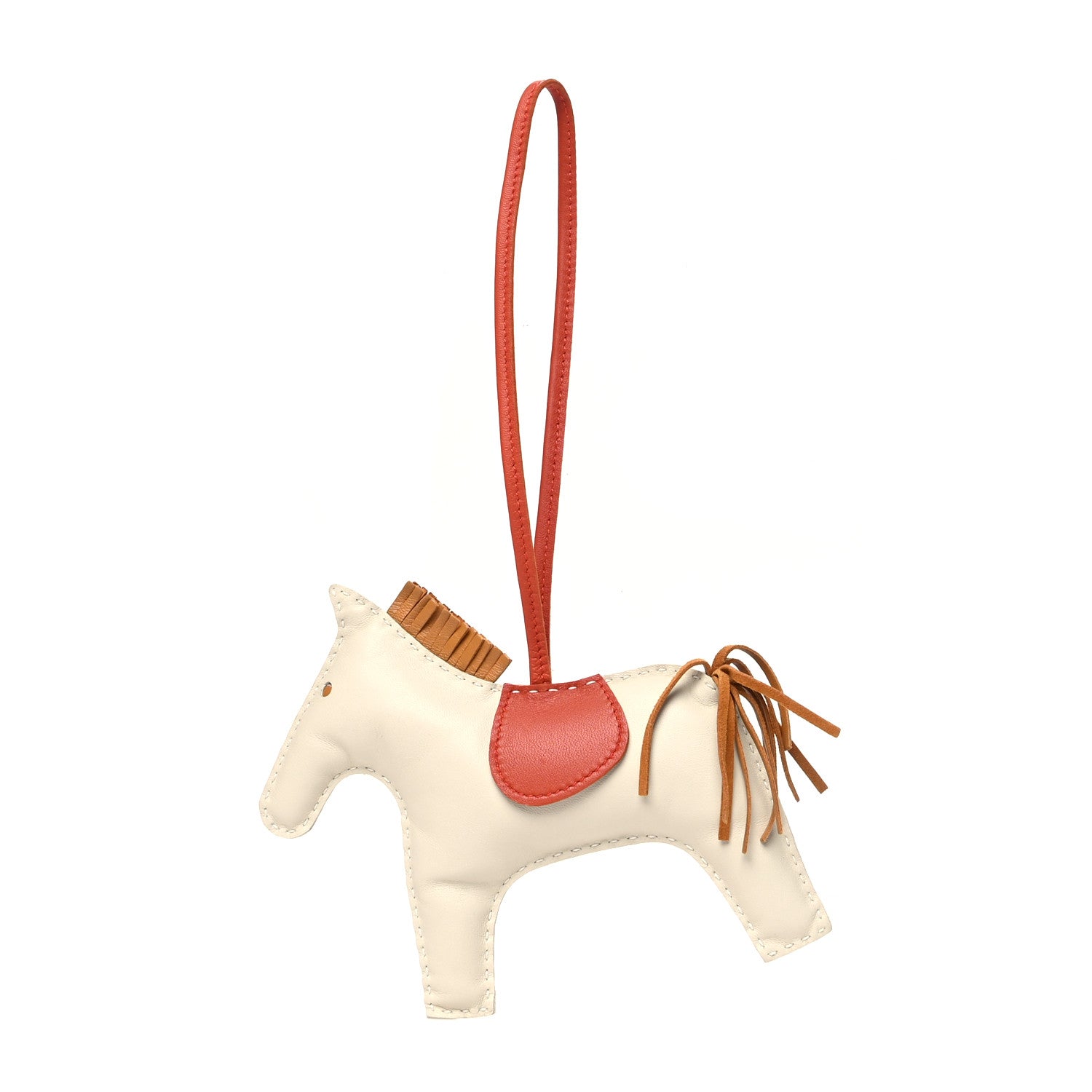 this is an image of an HERMES Milo Lambskin Grigri Rodeo Horse Bag Charm in size GM in the color Craie by fashionphile