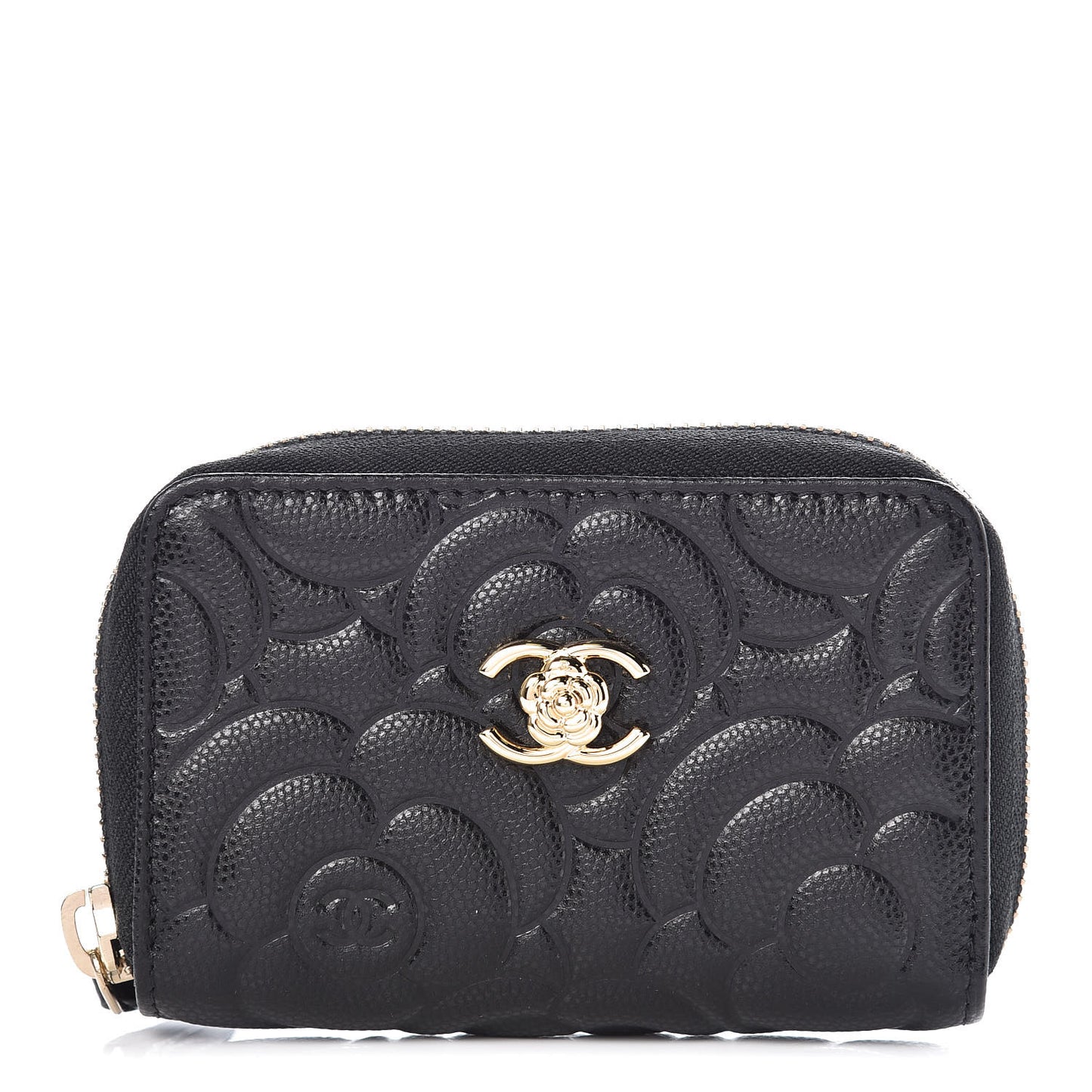 Caviar Camellia Embossed Zip Coin Purse Black