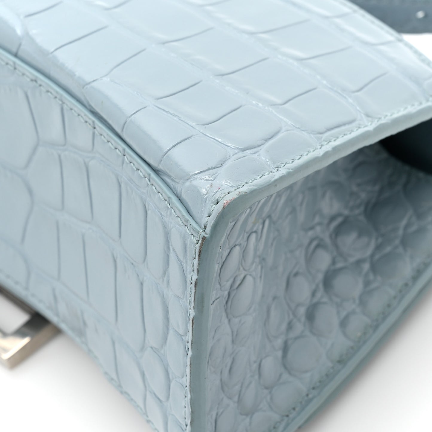 Shiny Calfskin Crocodile Embossed Hourglass Top Handle Bag XS Blue Grey
