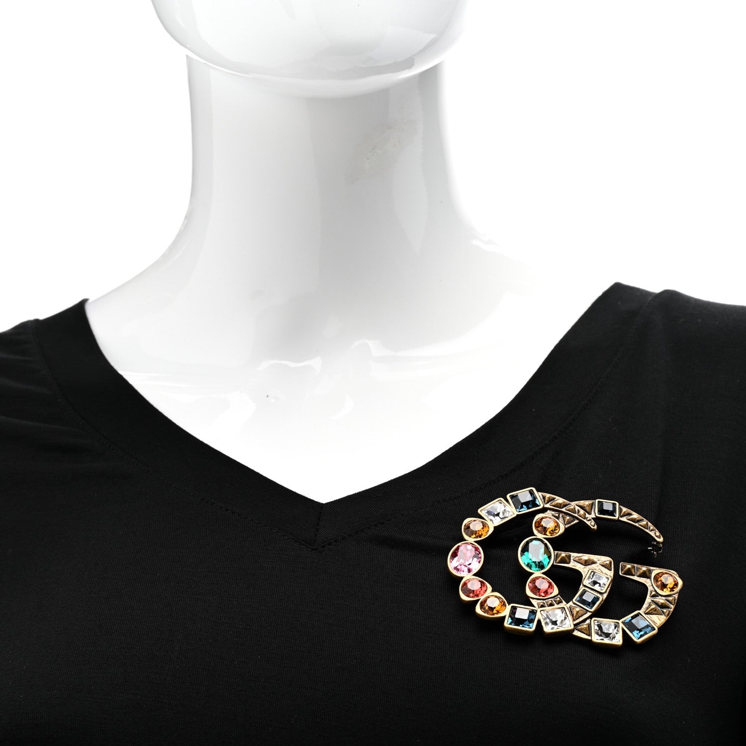 Gucci Metal Crystal Double G Brooch Aged Gold Multicolor 2 of 7