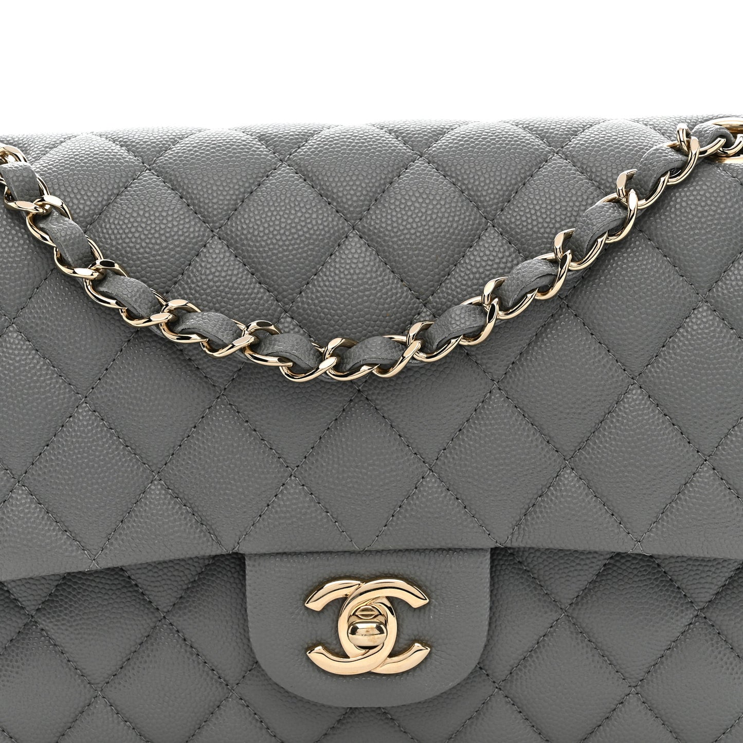 Caviar Quilted Medium Double Flap Grey