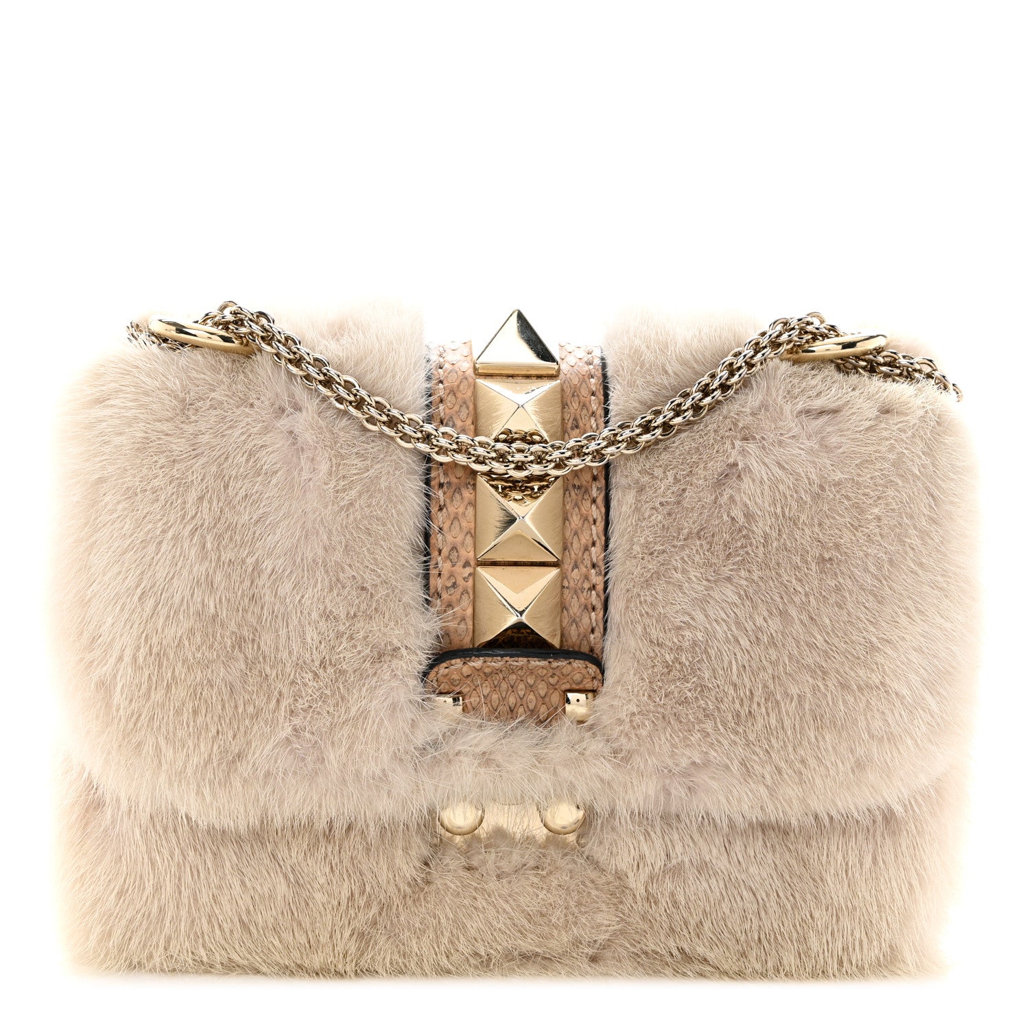 Valentino Garavani Mink Fur Snakesin Small Glam Lock Rockstud Flap Grey 1 of 13