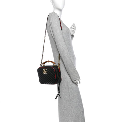 Gucci Vintage Effect Calfskin Matelasse Diagonal Small Torchon GG Marmont Bamboo Top Handle Shoulder Bag Black Romantic Cherry 2 of 10