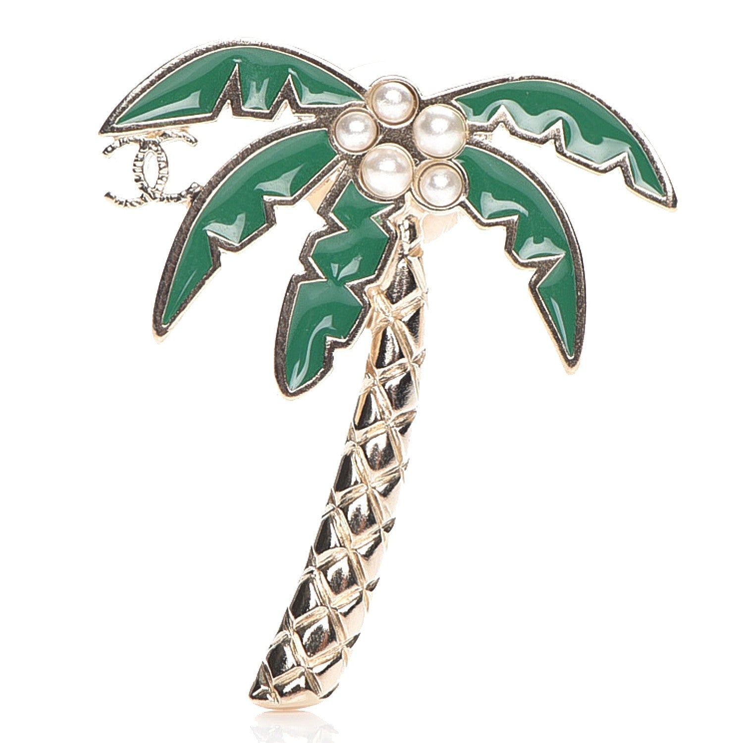 Chanel Enamel Pearl Palm Tree Brooch Green Gold 1 of 5