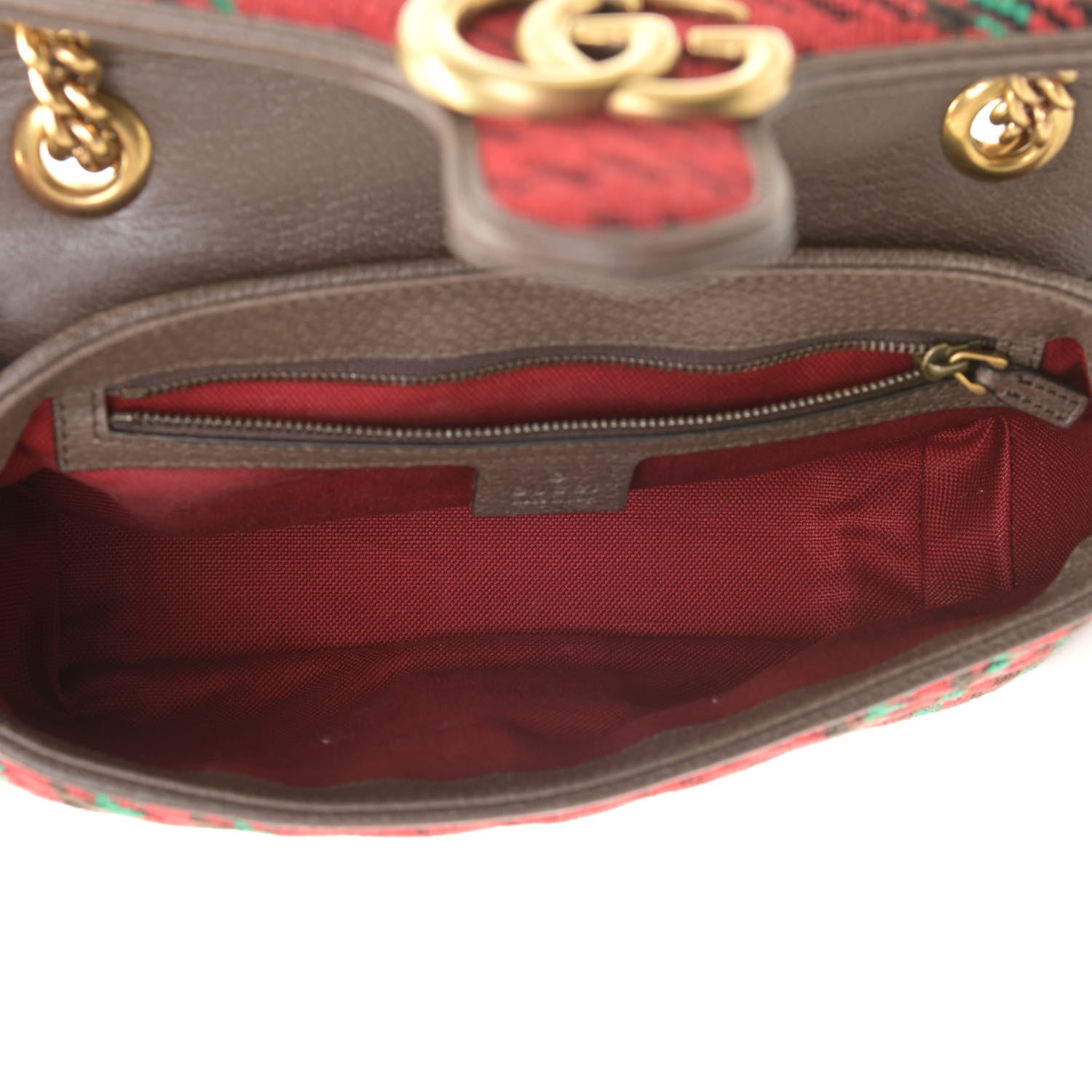 Gucci Wool Tweed Textured Dollar Calfskin Matelasse Diagonal Plaid Small GG Marmont Shoulder Bag Red Green Multicolor New Acero 6 of 8