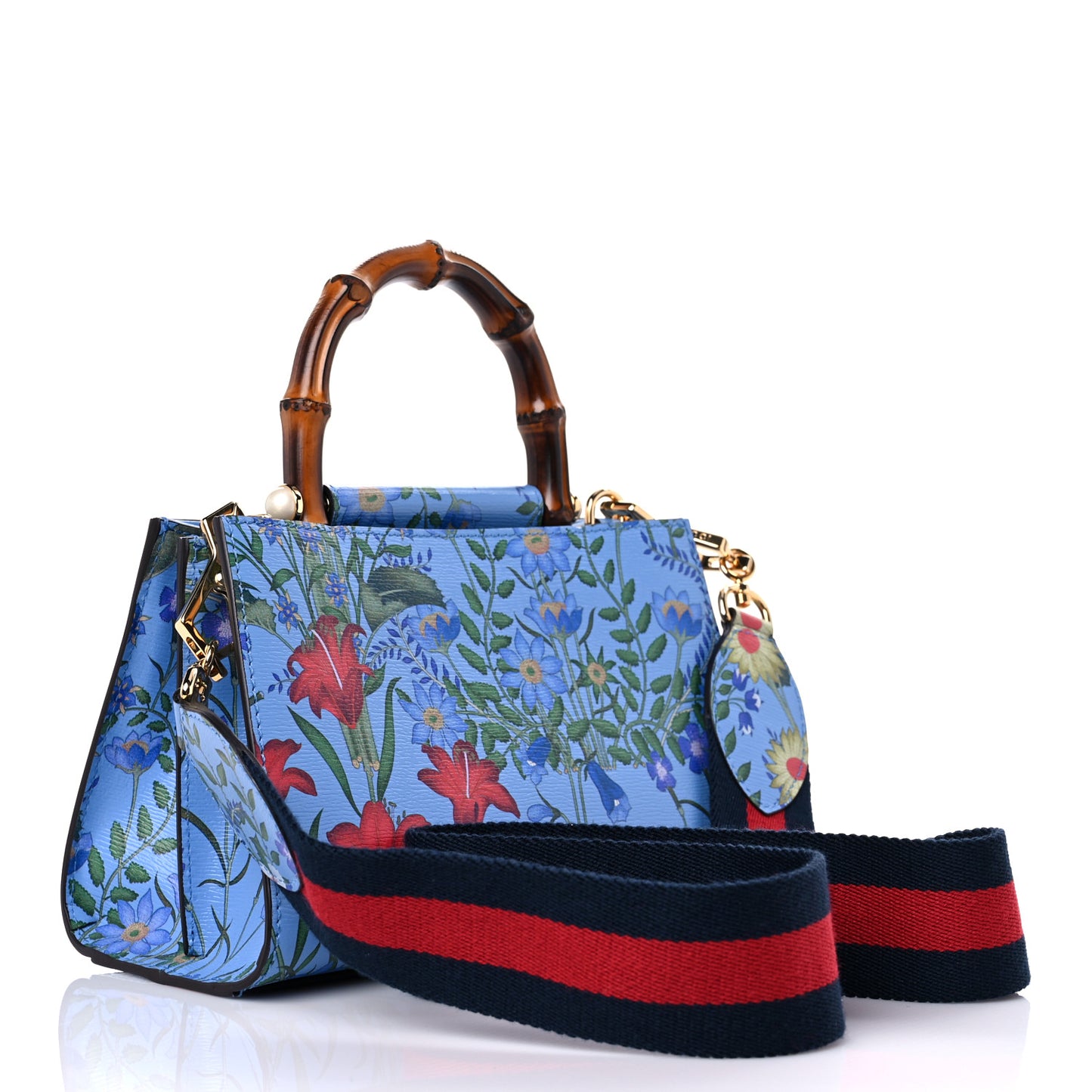 Calfskin Bamboo Web New Flora Mini Nymphaea Top Handle Bag Azure