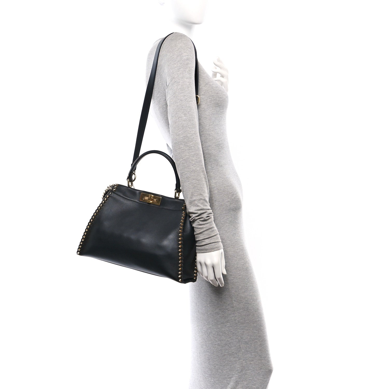 Fendi Vitello Seta Shiny Nappa Scalloped Studded Medium Peekaboo Iconic Satchel Black 2 of 13