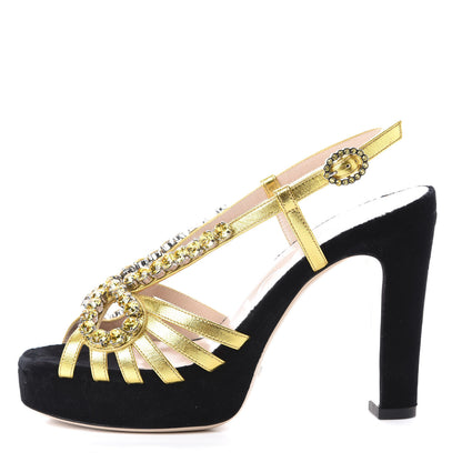 Gucci Velvet Crystal Platform Sandals 36 Black Gold 1 of 7