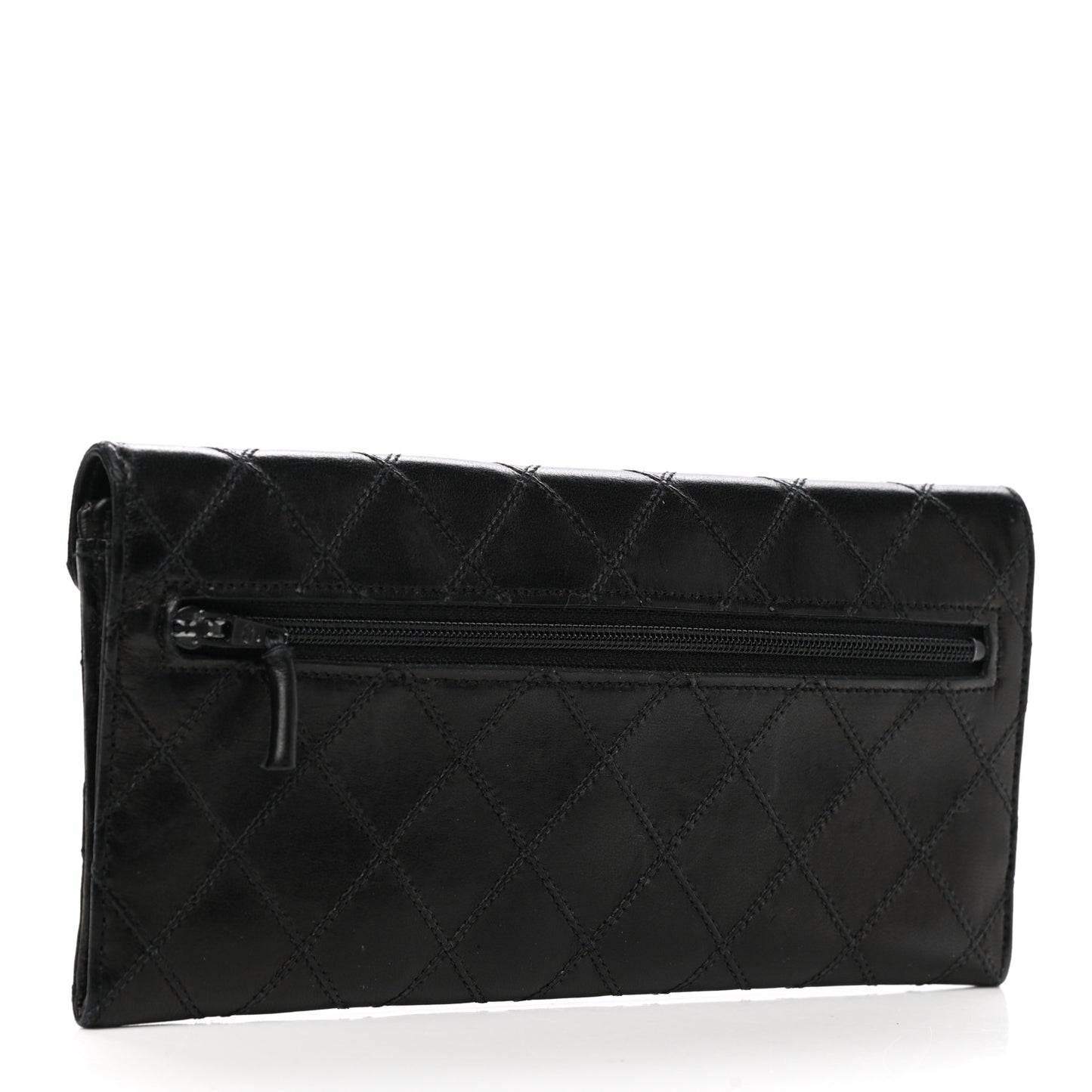 Lambskin Diamond Stitched Envelope Long Flap Wallet Black