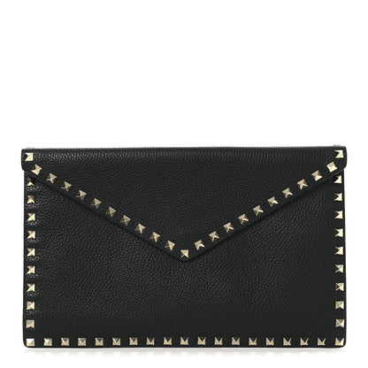 Valentino Garavani Pebbled Calfskin Large Rockstud Envelope Clutch Black 1 of 8