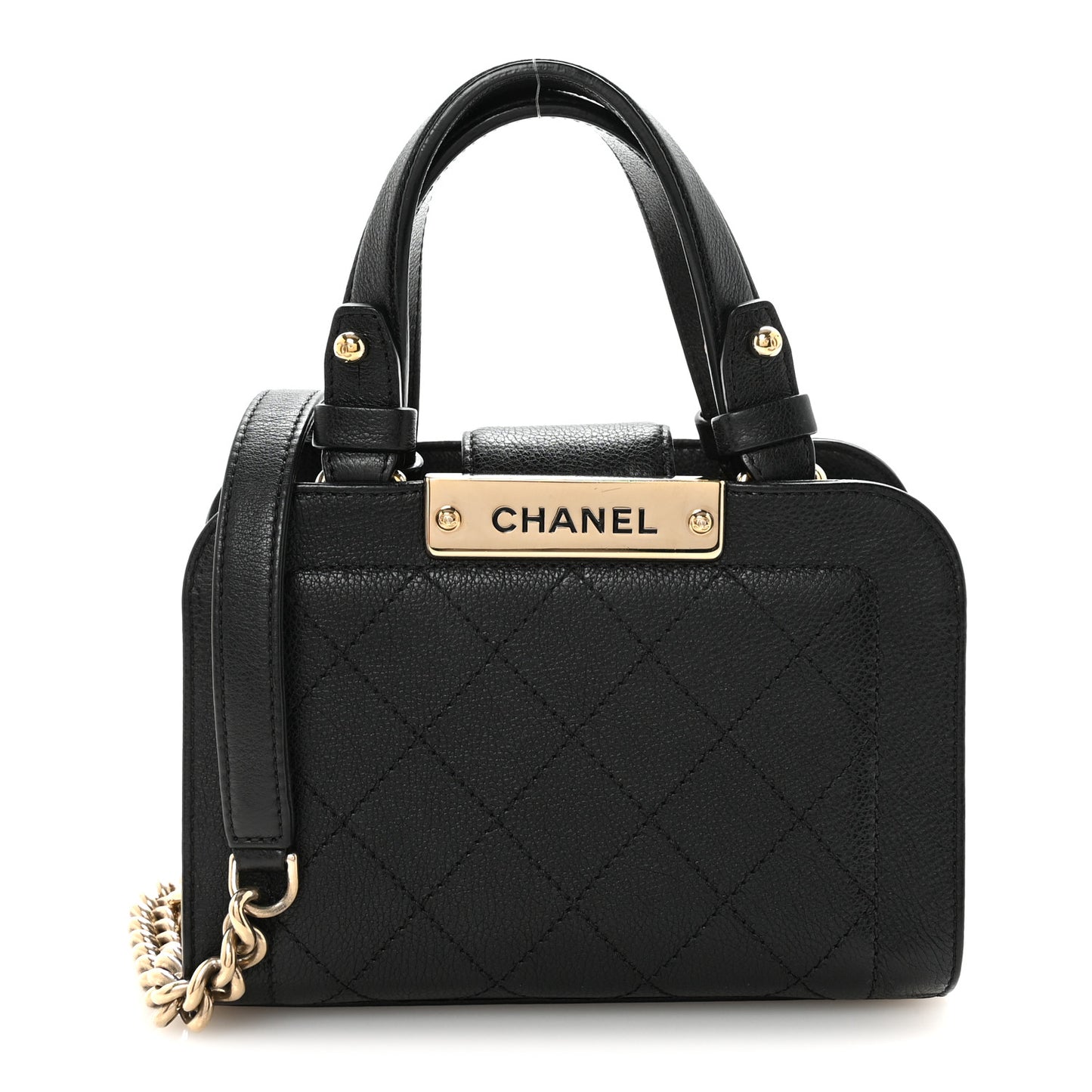 Grained Calfskin Stitched Mini Label Click Shopper Black