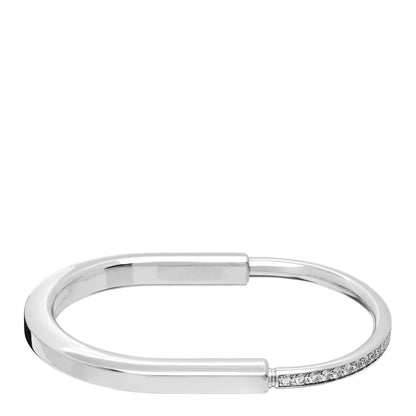 Tiffany 18K White Gold Diamond Tiffany Lock Half Pave Bangle Bracelet 1 of 6