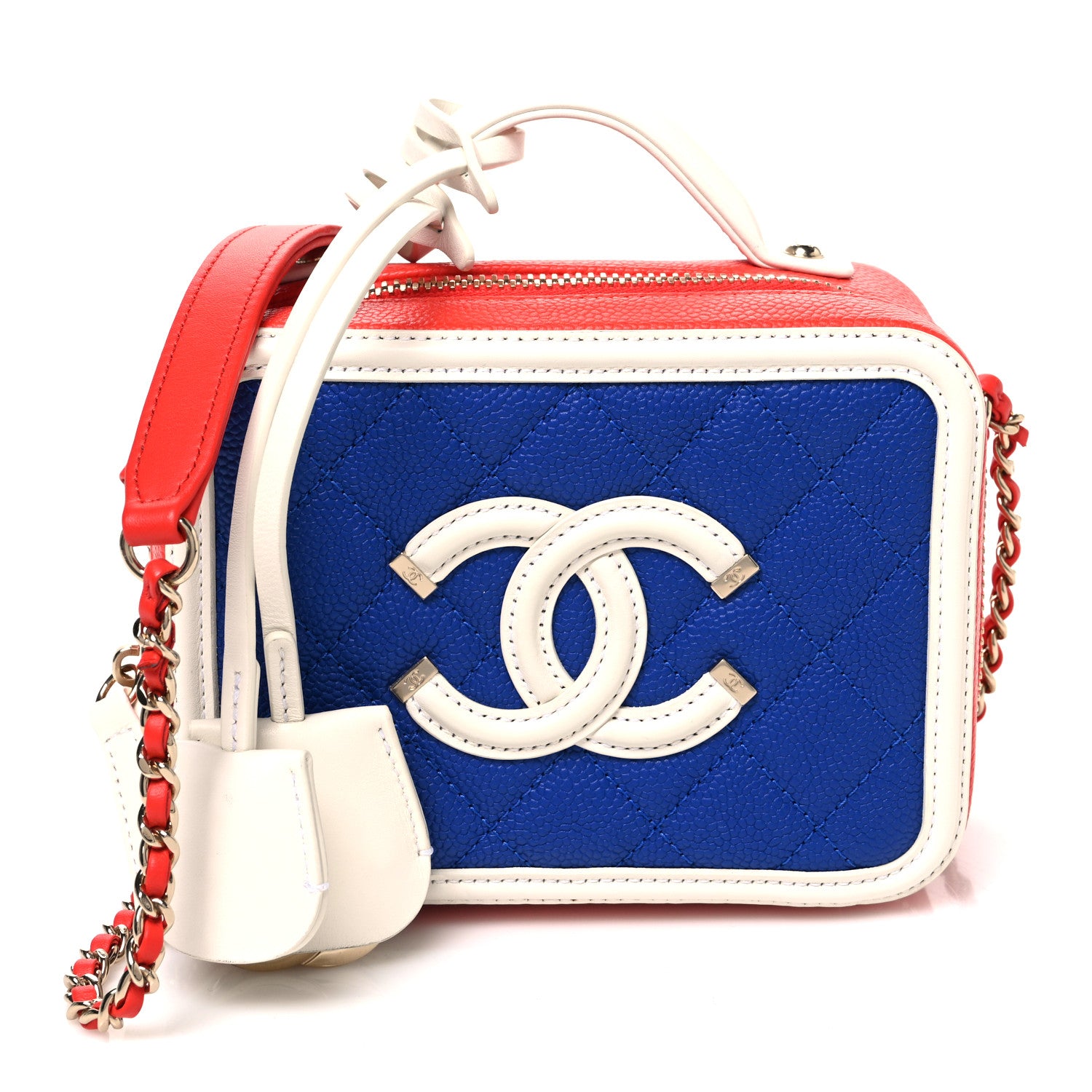 Chanel Caviar Quilted Small CC Filigree Vanity Case Blue White Red 1 of 10