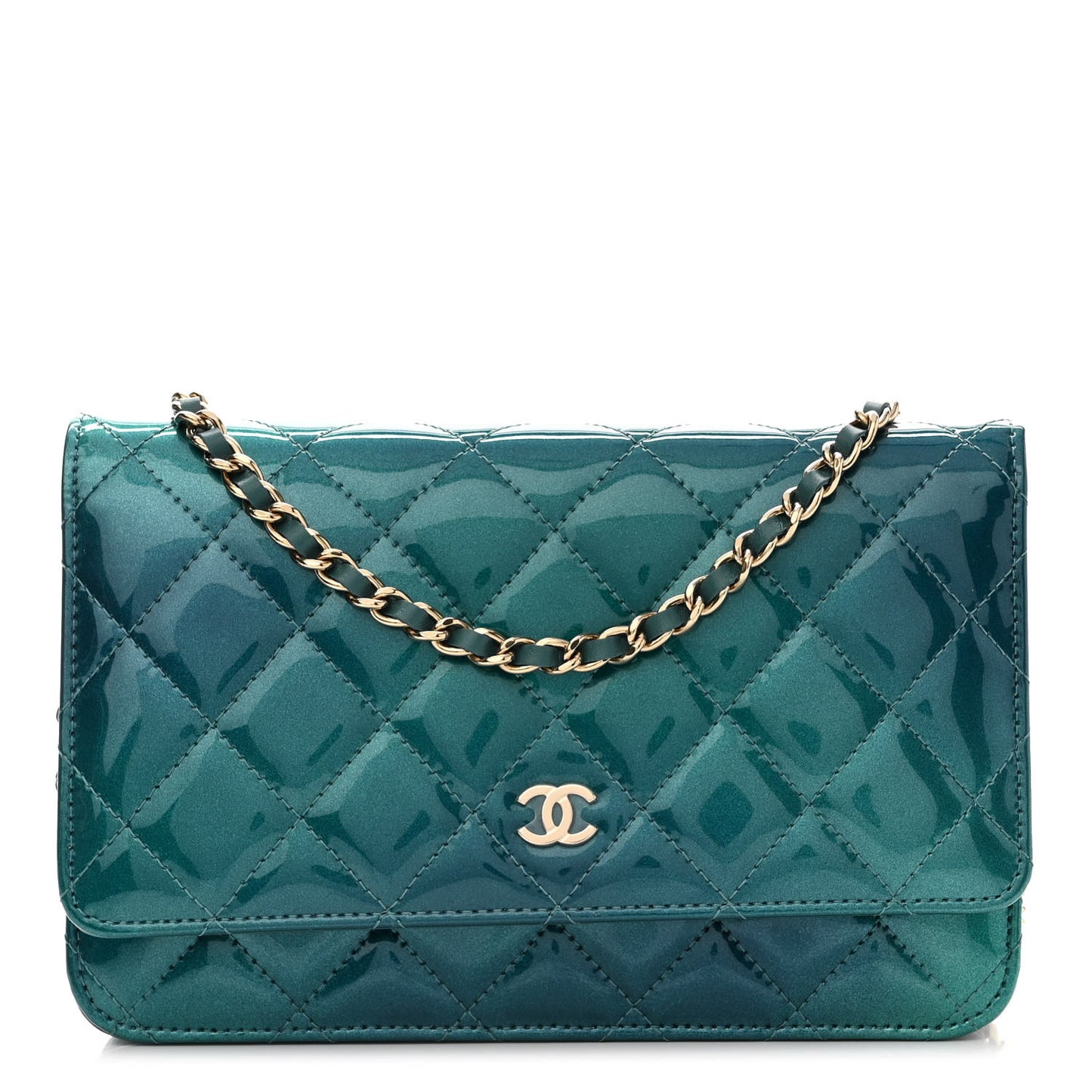 Shaded Patent Calfskin Quilted Wallet On Chain WOC Green Blue