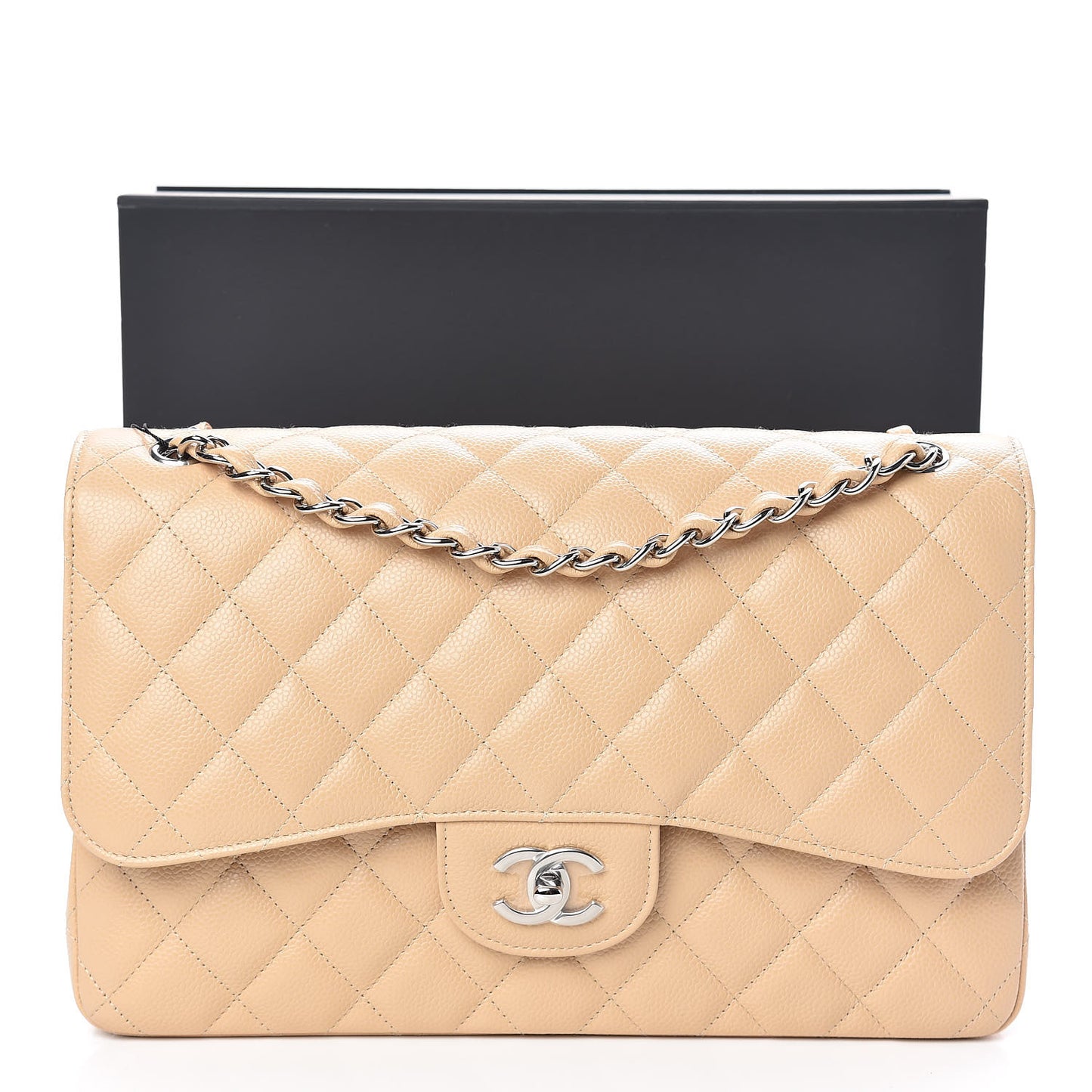Caviar Quilted Jumbo Double Flap Beige