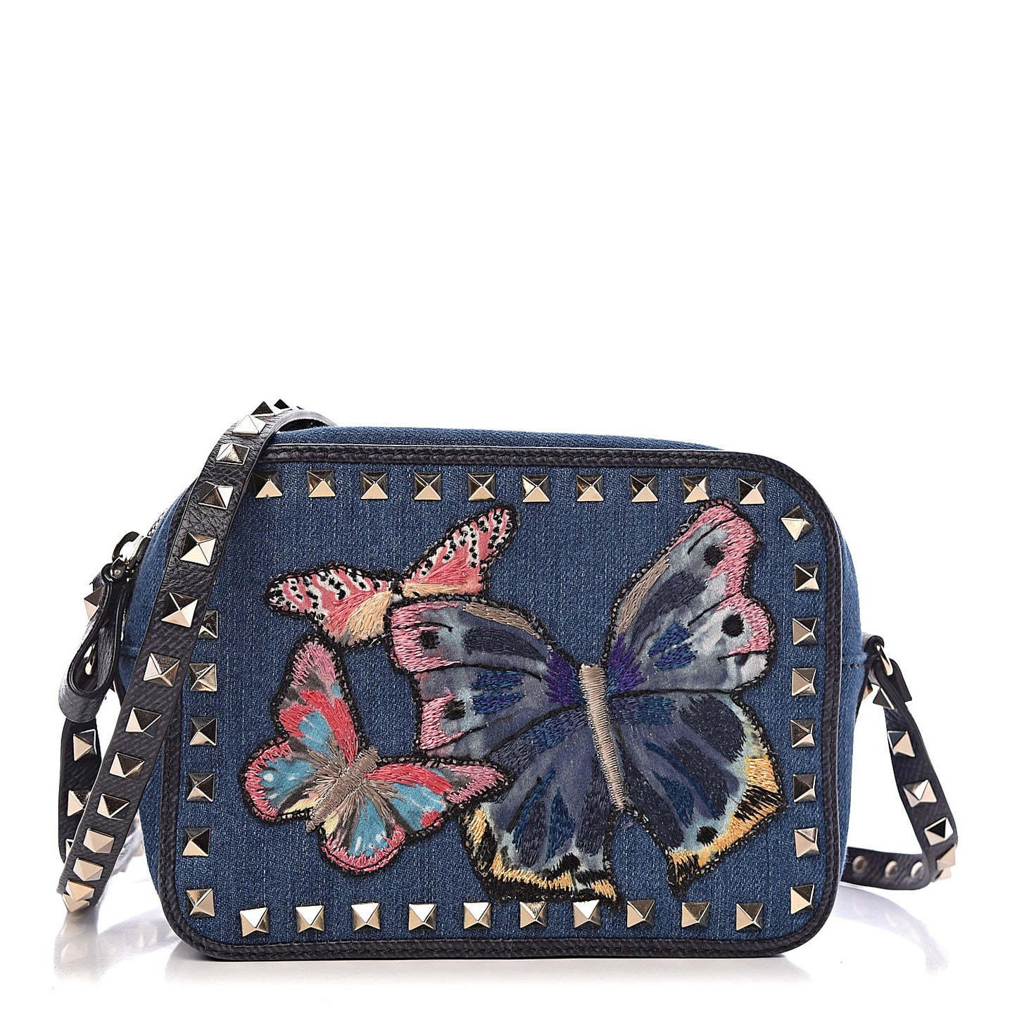 Denim Butterfly Embroidered Rockstud Camera Crossbody Bag Light Denim Multicolor