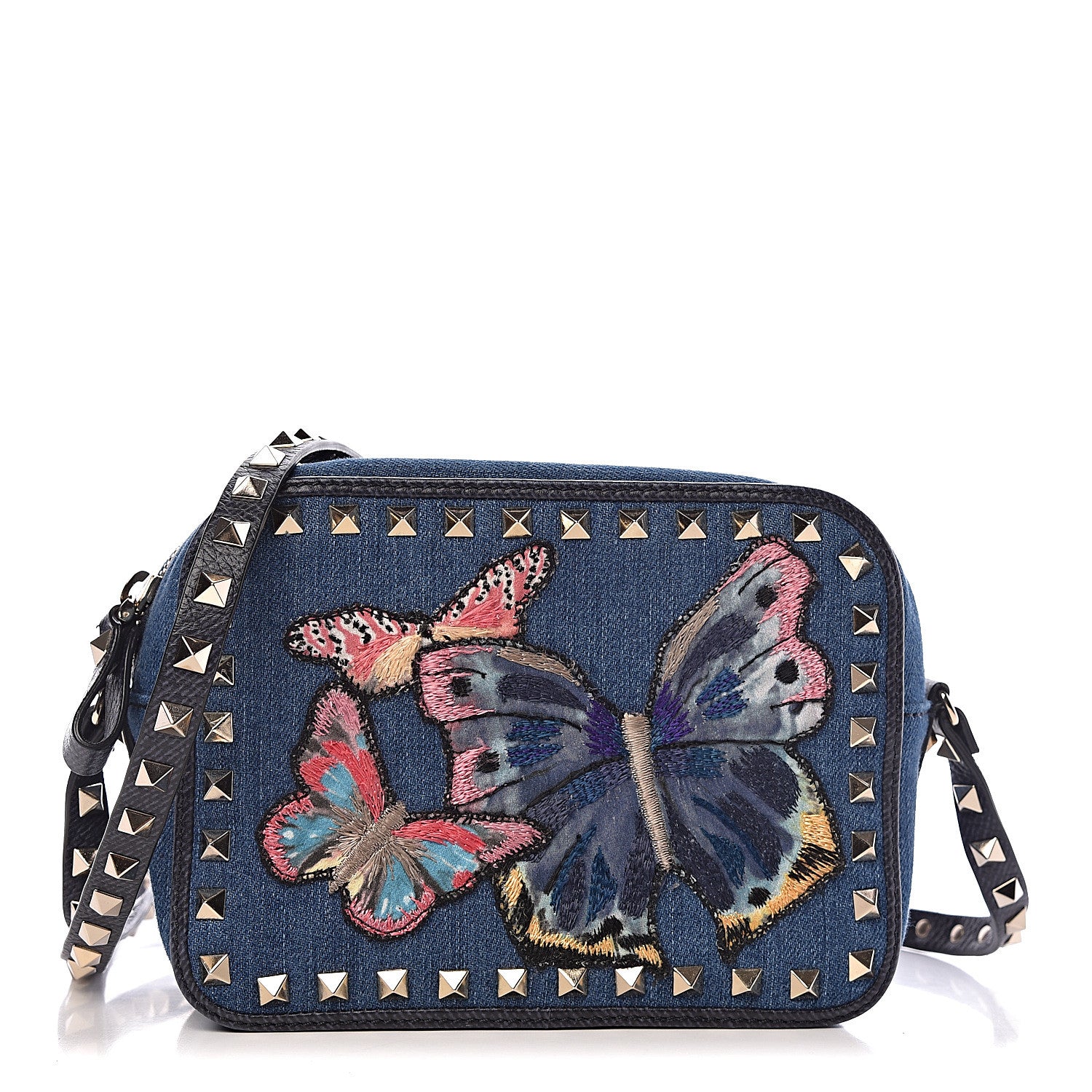 Valentino Garavani Denim Butterfly Embroidered Rockstud Camera Crossbody Bag Light Denim Multicolor 1 of 9