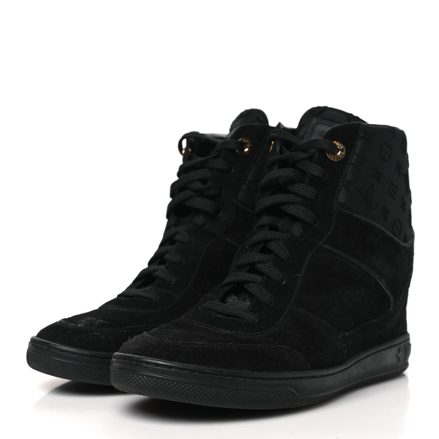 Louis Vuitton Calfskin Suede Monogram Cliff Top Wedge Sneakers 38.5 Black 4 of 8