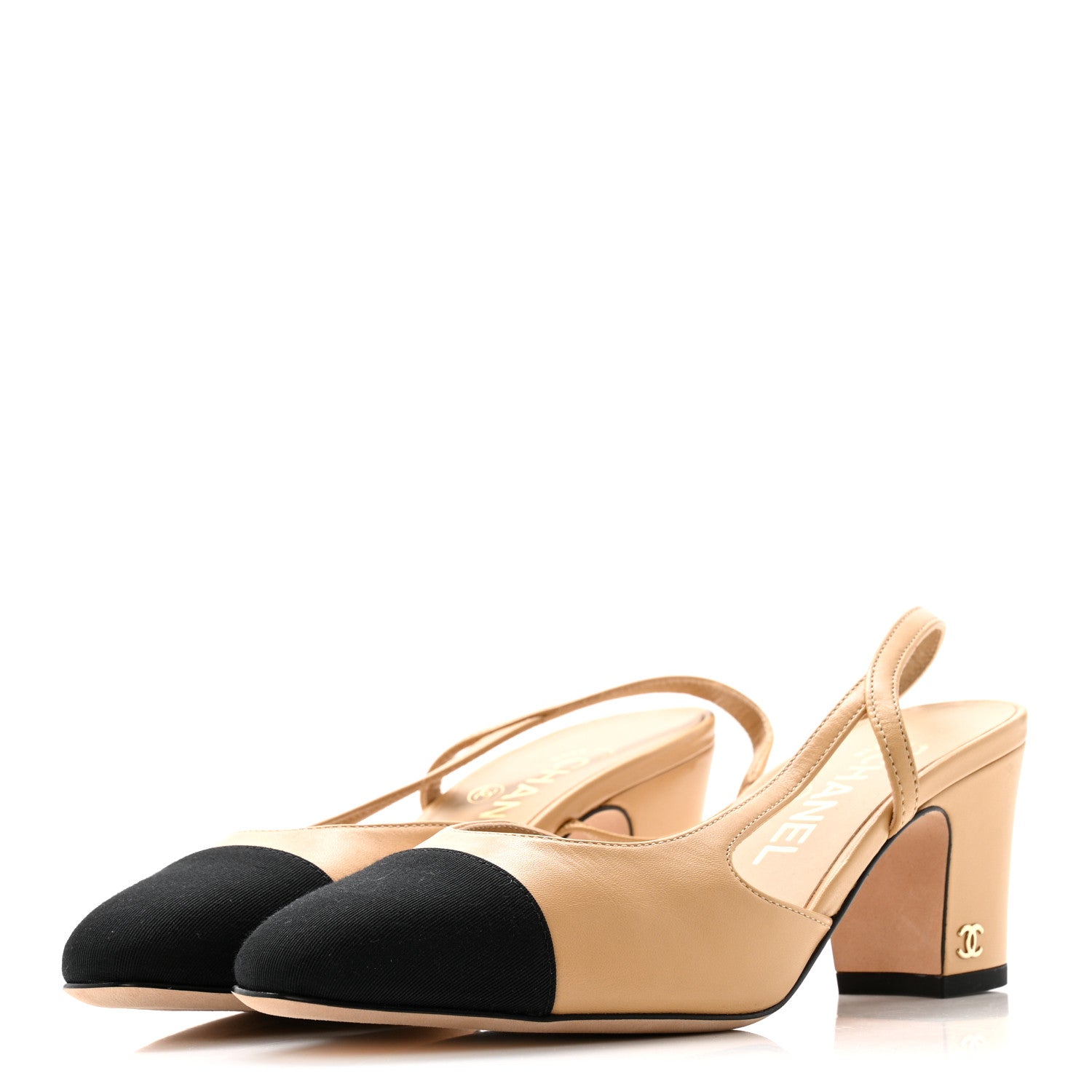 Chanel Goatskin Grosgrain Cap Toe CC Slingback Pumps 36.5 Beige Black 4 of 10
