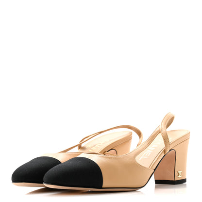 Chanel Goatskin Grosgrain Cap Toe CC Slingback Pumps 36.5 Beige Black 4 of 10