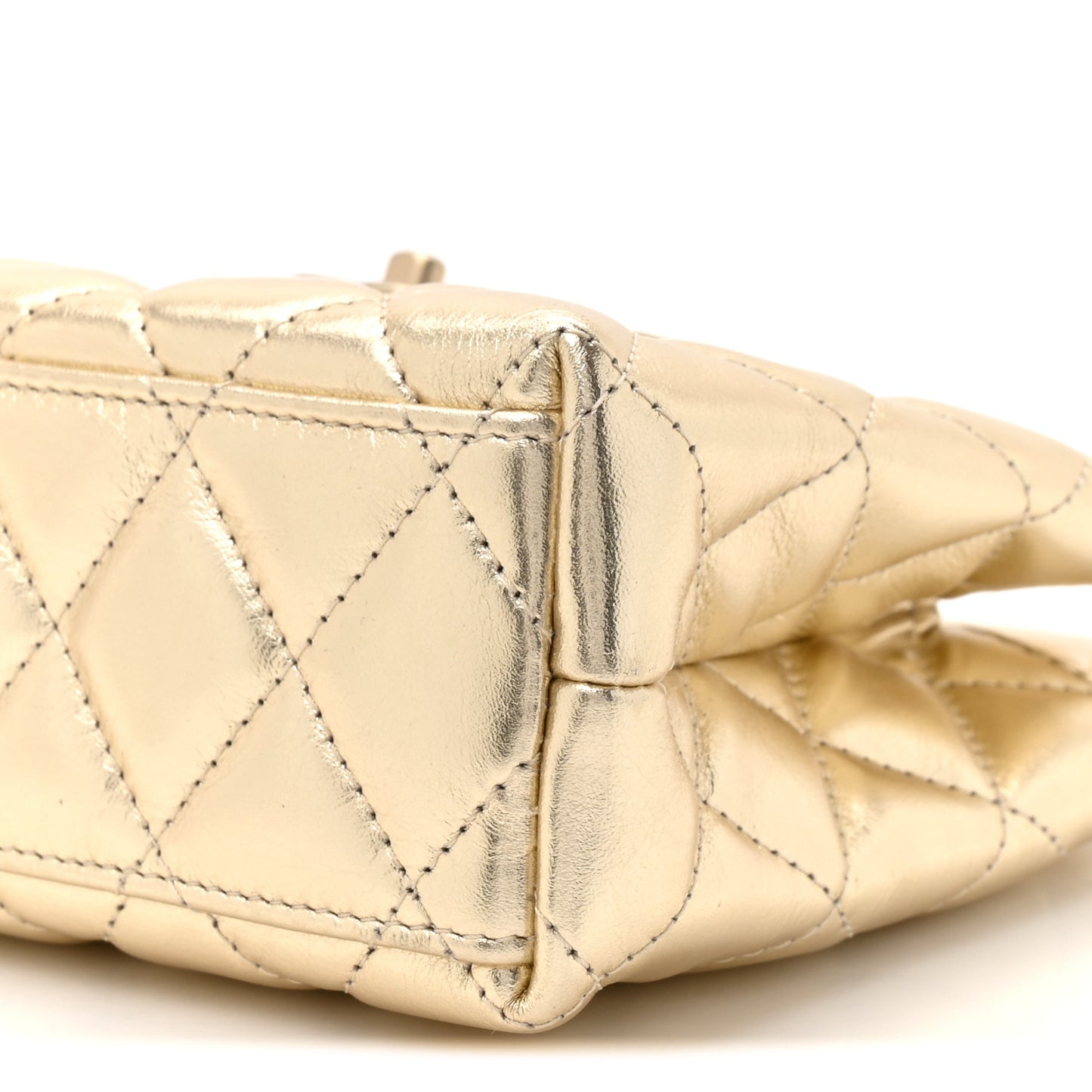 Metallic Shiny Aged Calfskin Quilted Nano Kelly Shopper Gold