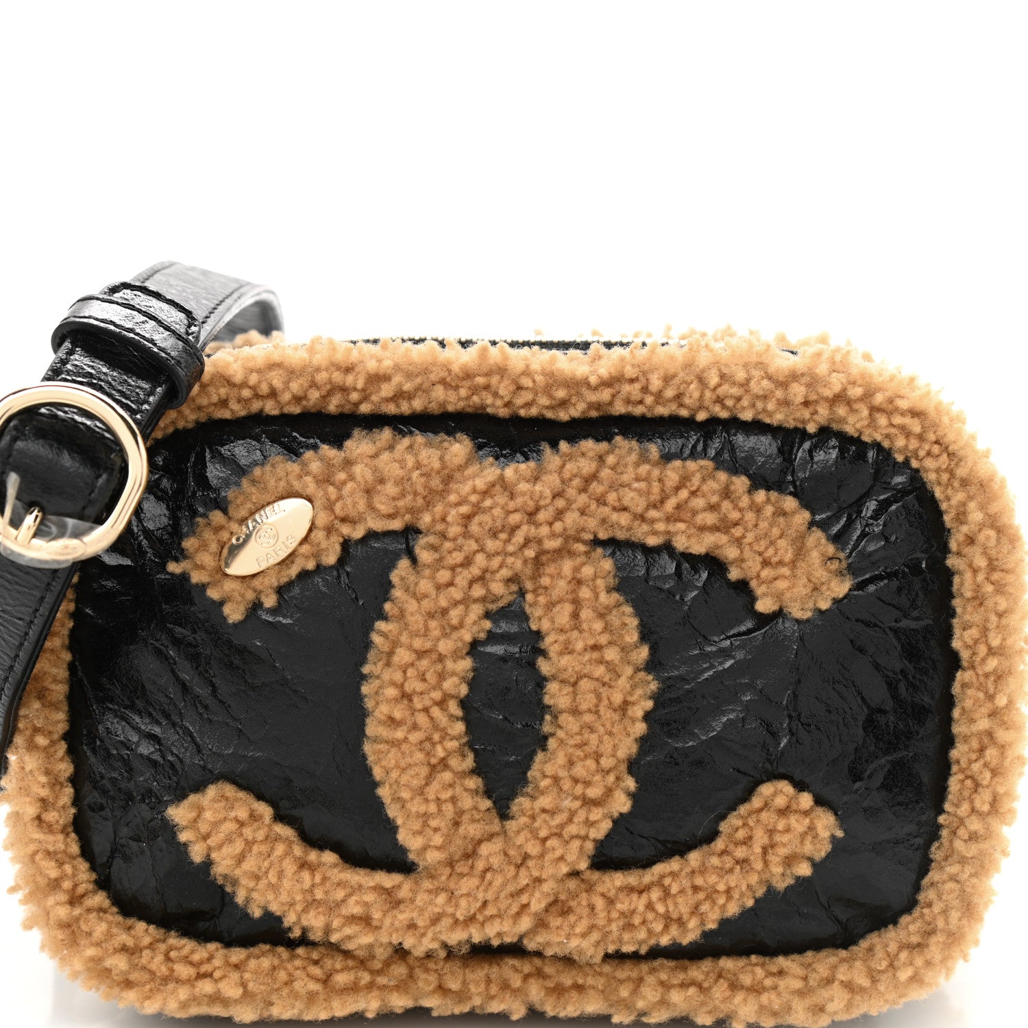 Chanel Shiny Crumpled Sheepskin Shearling CC Mania Waist Bag Black Light Brown 8 of 11