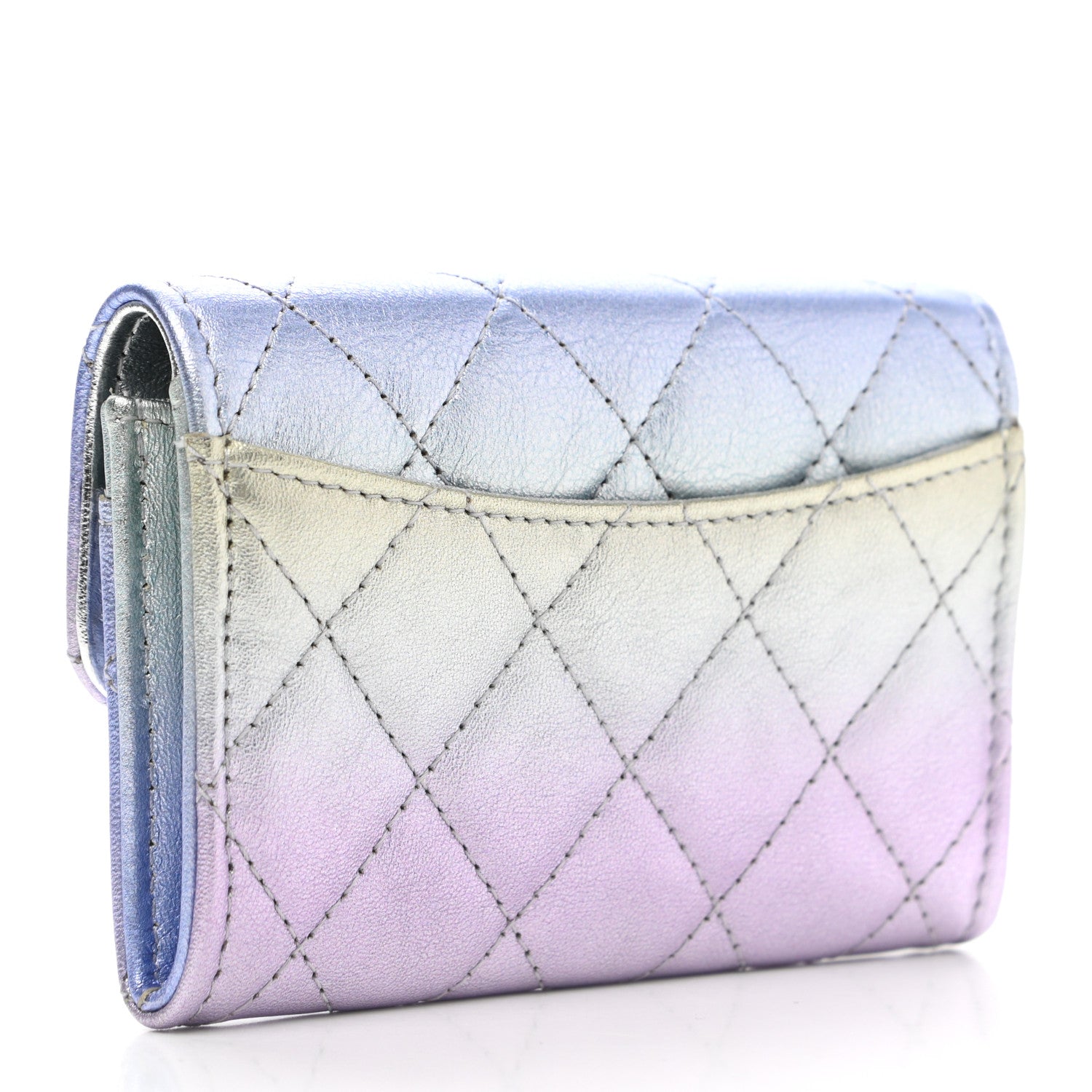 Chanel Gradient Metallic Calfskin Quilted Flap Card Holder Wallet Silver Blue Yellow Purple 3 of 9