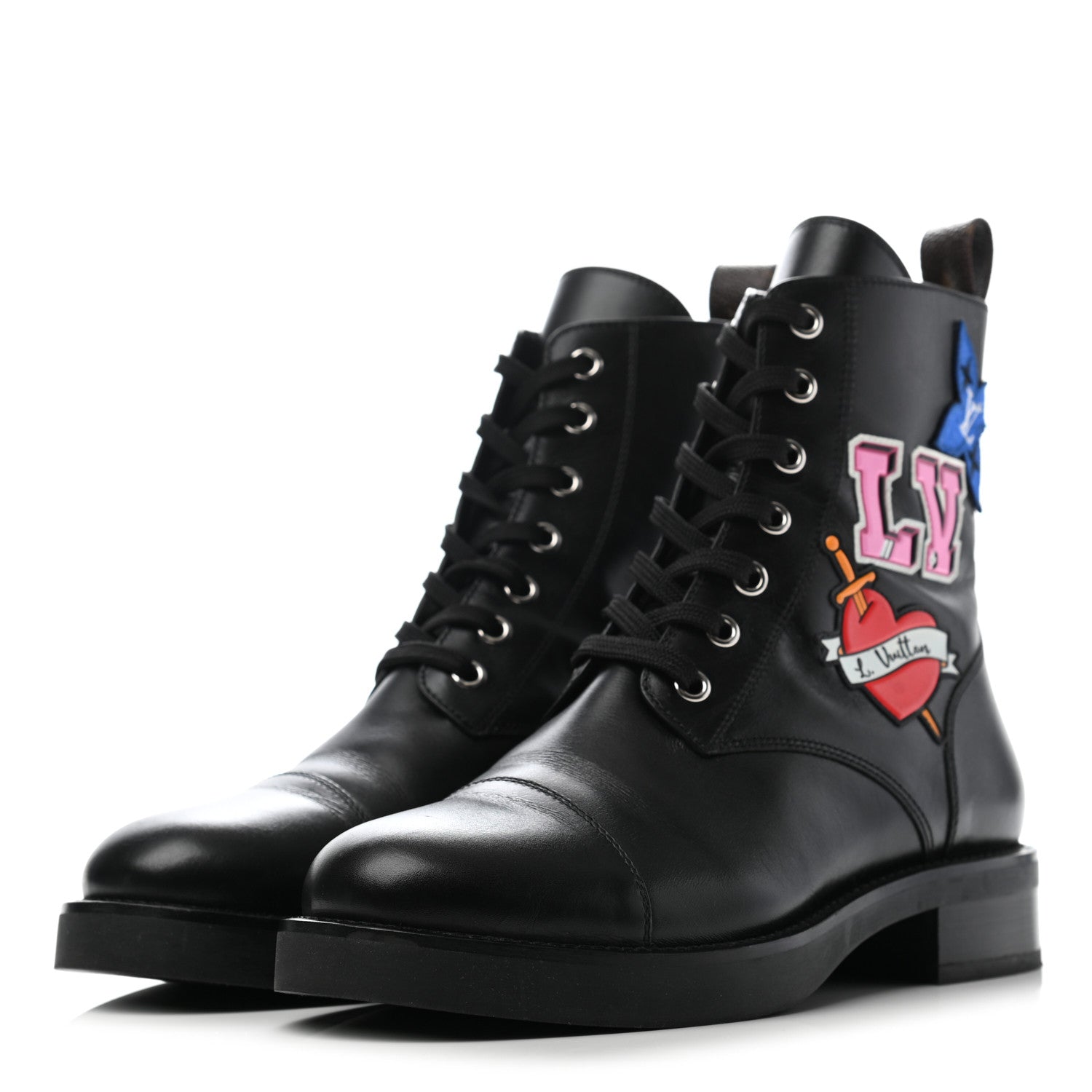Louis Vuitton Calfskin LV Black Heart Flat Ranger Boots 37.5 Black 3 of 7