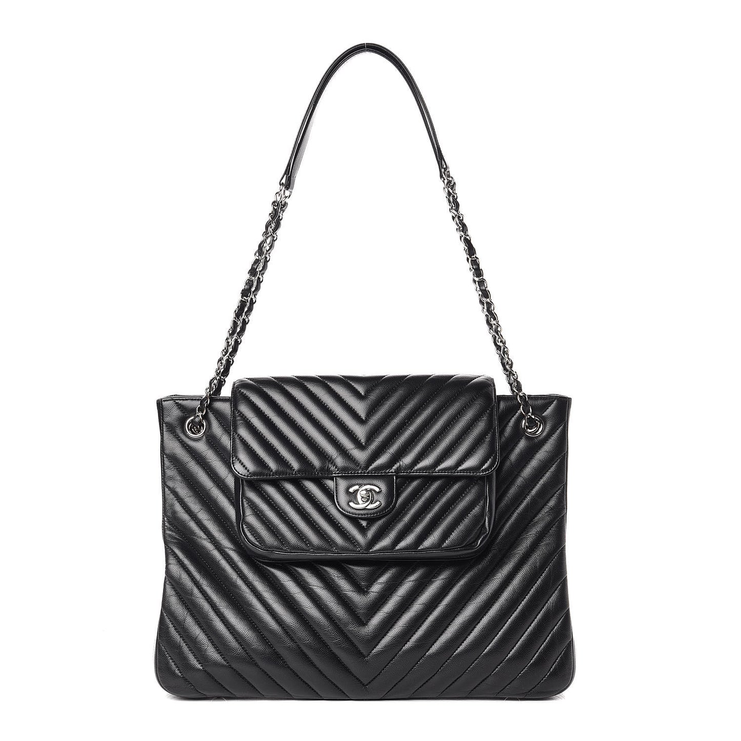 Caviar Chevron Quilted Flap Tote Black