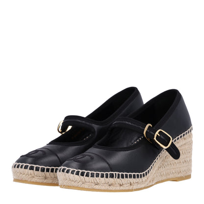 Chanel Lambskin Espadrille Mary Jane Wedges 37 Black 5 of 10